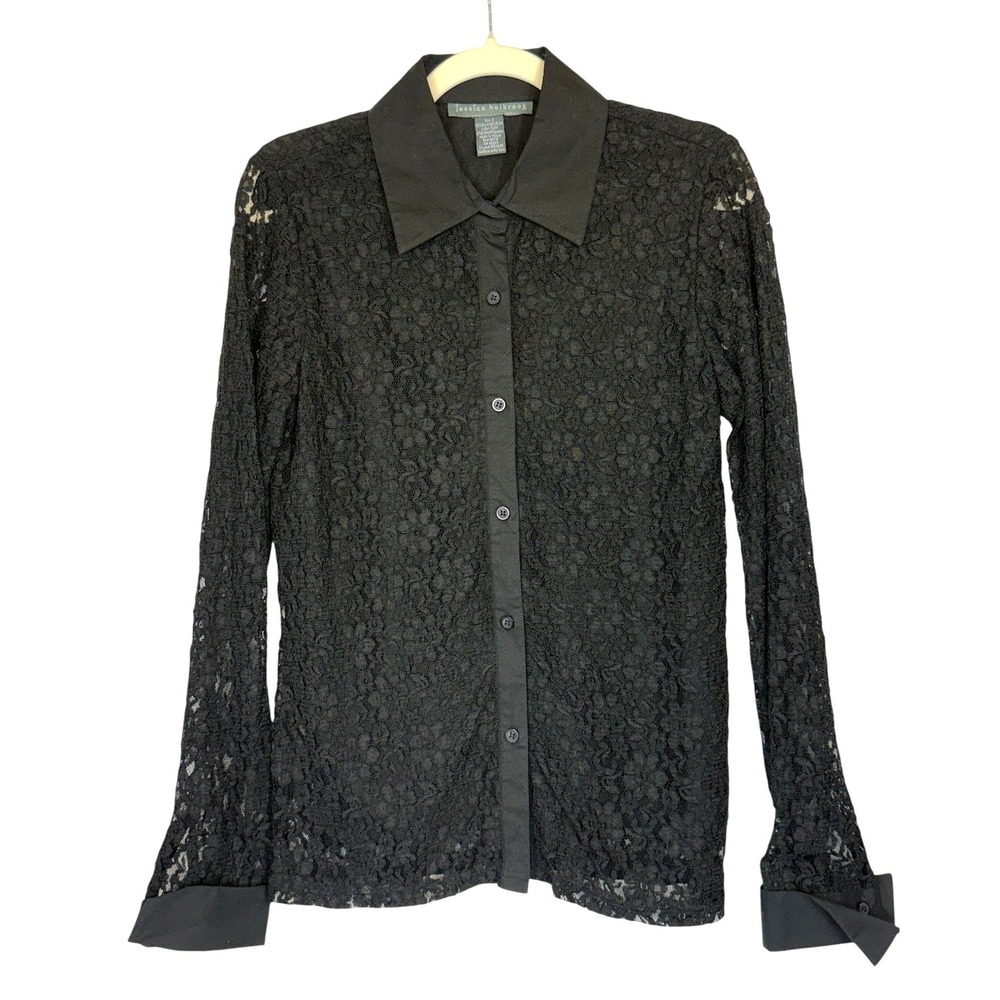 Jessica Holbrook Women's S Black Floral Lace Button Front Blouse Long Sleeve